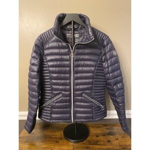 Michael Kors Packable Down Jacket Womens Size M Navy Blue Puffer Silver Accents